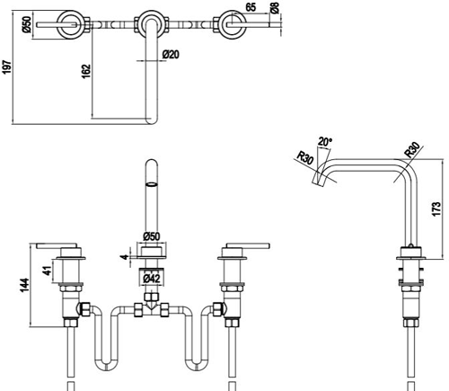 Additional image for 3 Hole Basin Mixer Tap With Lever Handles (Brushed Brass).