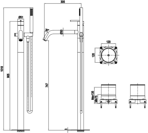 Additional image for Floor Standing Bath Shower Mixer Tap (Brushed Brass).