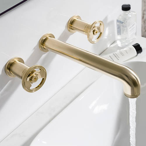 Additional image for Three Hole Wall Mounted Basin Mixer Tap (Brushed Brass).