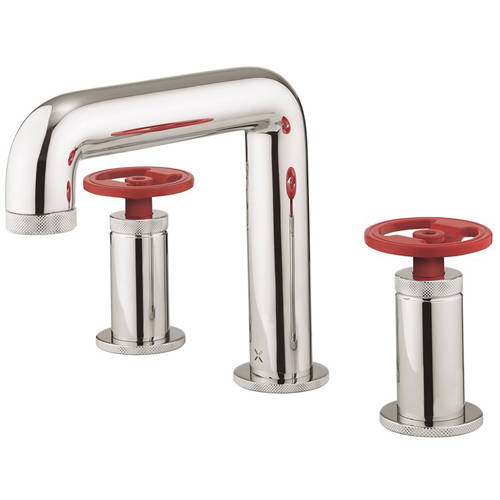 Additional image for Three Hole Deck Mounted Basin Mixer Tap (Chrome & Red).