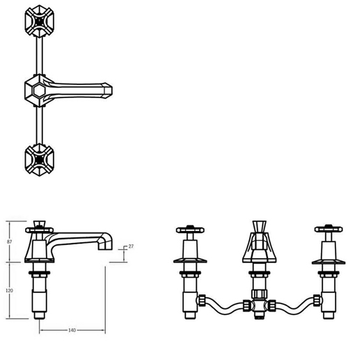 Additional image for 3 Hole Basin Tap With Crosshead Handles.