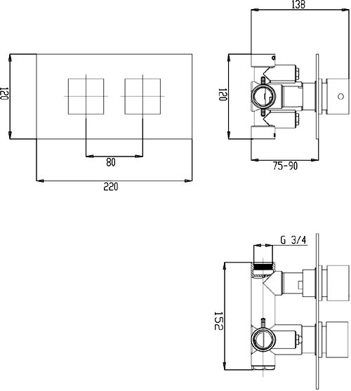 Additional image for Thermostatic Twin Shower Valve With Square Handles.