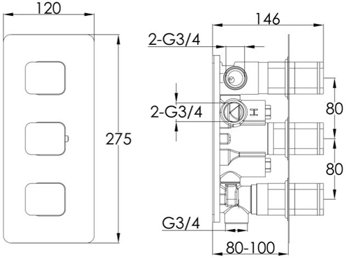 Additional image for Concealed Thermostatic Shower Valve (3 Outlets, Brushed Brass).