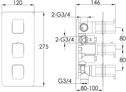 Additional image for Concealed Thermostatic Shower Valve (3 Outlets, Matt Black).