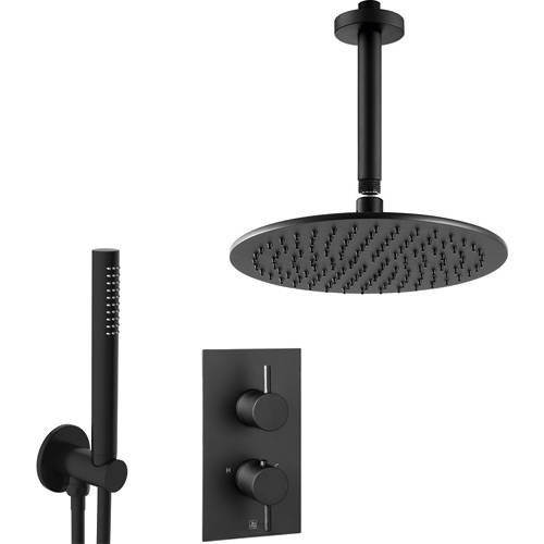Additional image for Thermostatic Shower Valve, 200mm Head, Ceiling Arm & Kit (M Black).
