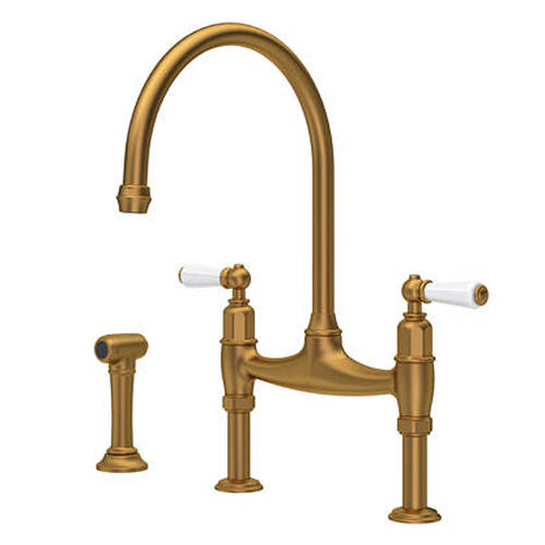 Additional image for Kitchen Tap With White Levers & Rinser (Aged Brass).