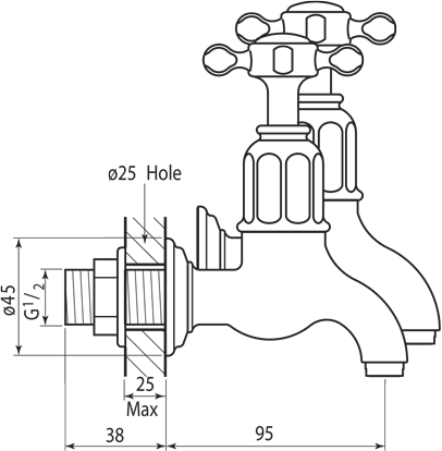 Additional image for Wall Mounted Bib Taps With X-Head Handles (Pewter).