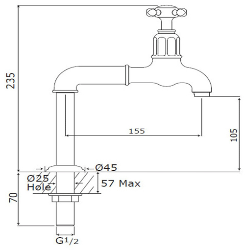 Additional image for Deck Mounted Bib Taps With X-Head Handles (Nickel).