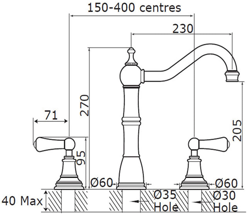 Additional image for 3 Hole Kitchen Mixer Tap With Lever Handles (Chrome).