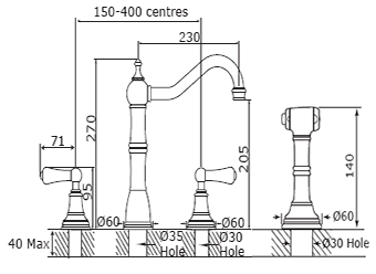 Additional image for 4 Hole Kitchen Tap With Lever Handles & Rinser (Chrome).