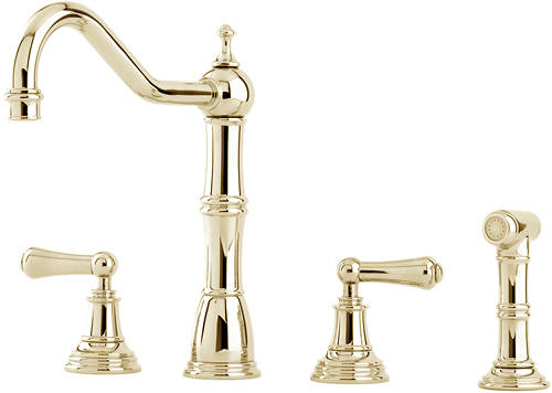 Additional image for 4 Hole Kitchen Tap With Lever Handles & Rinser (Gold).