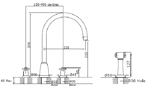 Additional image for 4 Hole Kitchen Tap, X-Head Handles & Rinser (Nickel).