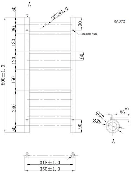 Additional image for Athena Towel Radiator (10 Rails, Stainless Steel). 350x800.