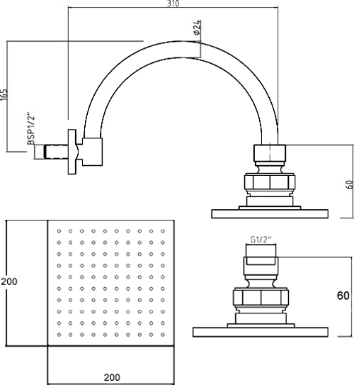 Additional image for Ultra Thin Square Shower Head & Wall Mounting Arm. 200mm.