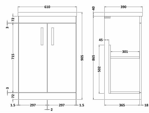 Additional image for Vanity Unit With 2 x Doors & Basin 600mm (Hacienda Black).