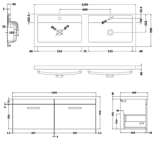 Additional image for Wall Vanity Unit With 2 x Drawers & Double Basin (Driftwood).