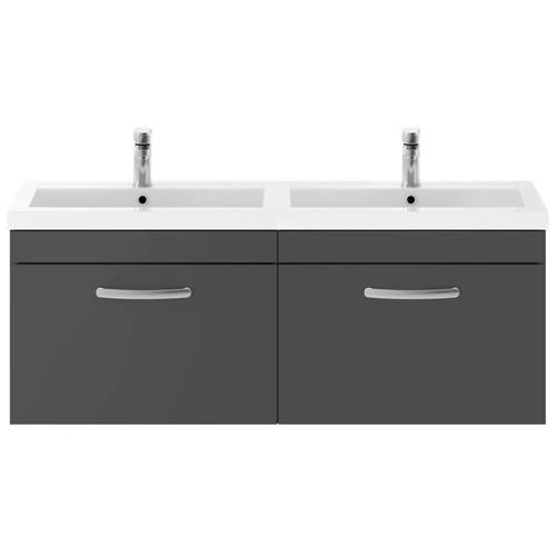 Additional image for Wall Vanity Unit With 2 x Drawers & Double Basin (Gloss Grey).