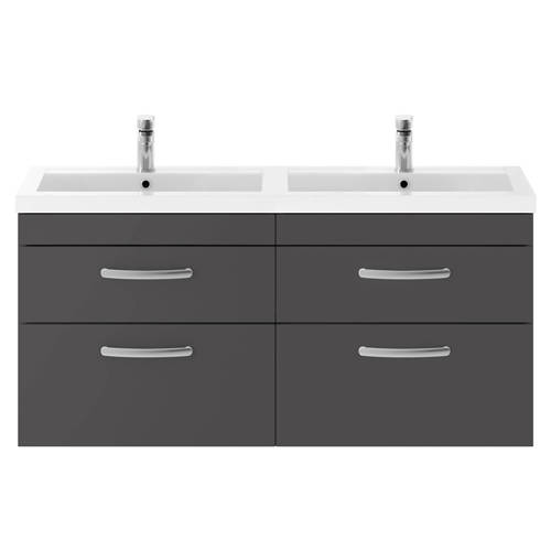 Additional image for Wall Vanity Unit With 4 x Drawers & Double Basin (Gloss Grey).