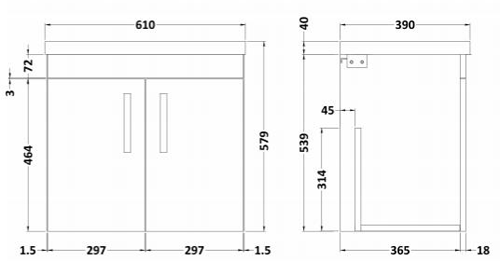 Additional image for Wall Vanity Unit With 2 x Doors & Basin 600mm (Hacienda Black).