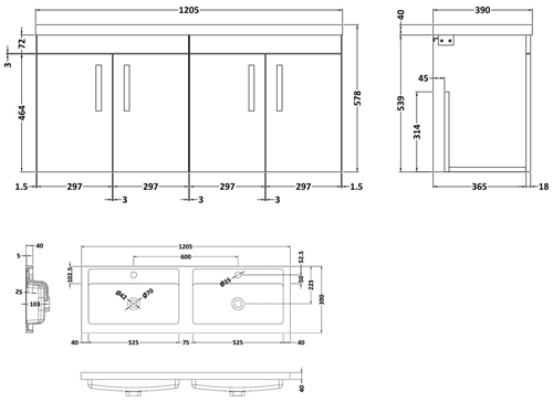 Additional image for Wall Vanity Unit With 4 x Doors & Double Basin (Hacienda).