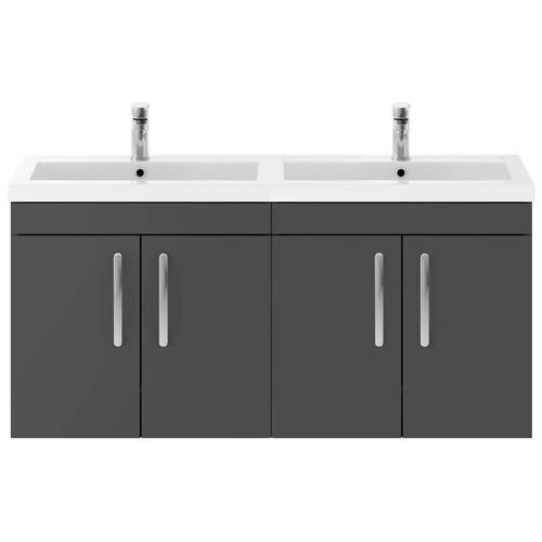Additional image for Wall Vanity Unit With 4 x Doors & Double Basin (Gloss Grey).