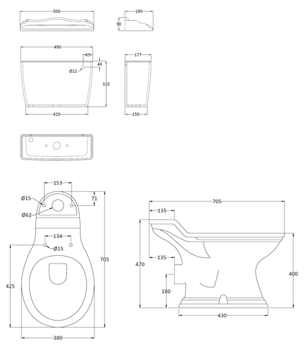 Additional image for Toilet With Basin & Pedestal (2 Tap Hole, 500mm).