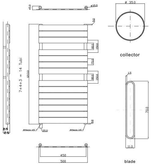 Additional image for Towel Radiator. 1213x500 (Chrome). 1552 BTUs.