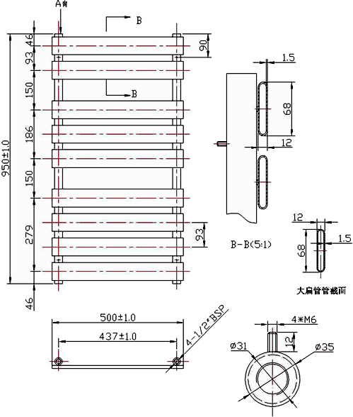 Additional image for Heated Towel Rail (Chrome). 500x950mm. 1159 BTU.