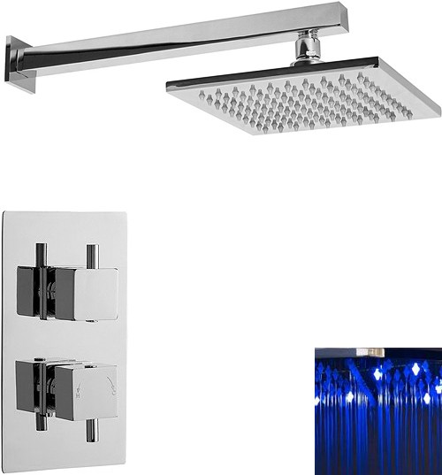 Additional image for Twin Thermostatic Shower Valve With LED Square Head.