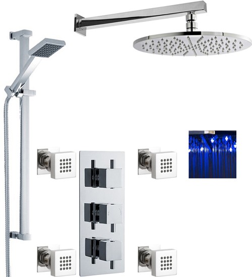 Additional image for Triple Shower Valve, LED Head & Slide Rail Kit & Body Jets.