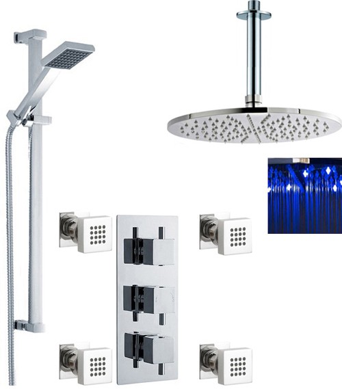 Additional image for Triple Shower Valve, LED Head & Slide Rail Kit & Body Jets.