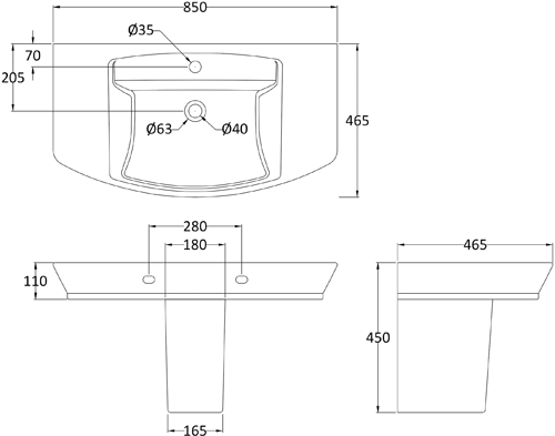Additional image for Wall Hung Toilet Pan With 850mm Basin & Semi Ped.