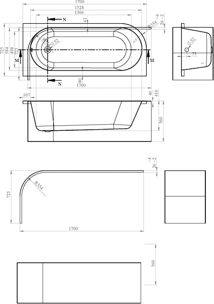 Additional image for Crescent Back To Wall Bath & Panel (Right Handed).