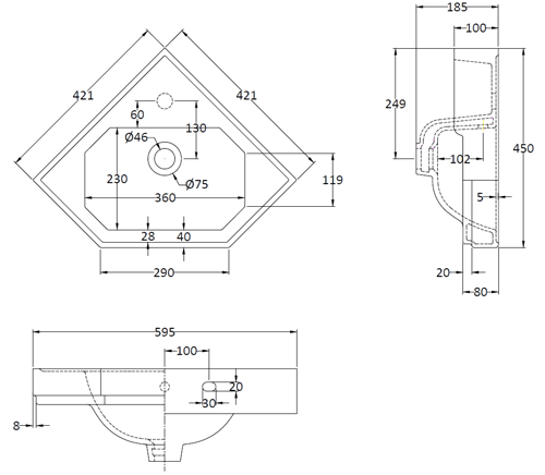 Additional image for Traditional Corner Basin 420mm (1 Tap Hole).