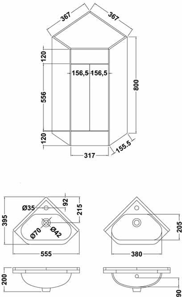 Additional image for Corner Vanity Unit With Doors & Basin (555mm, White).