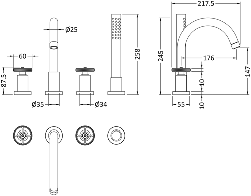 Additional image for Wall Basin & 4 Hole Bath Shower Mixer Tap (Industrial).