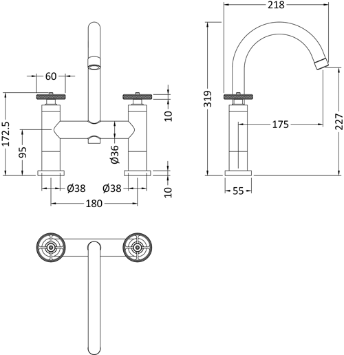 Additional image for Wall Mounted Basin & Bath Filler Tap With Industrial Handles.