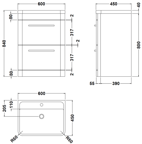 Additional image for Floor Standing Vanity Unit & Basin 600mm (Cool Grey).