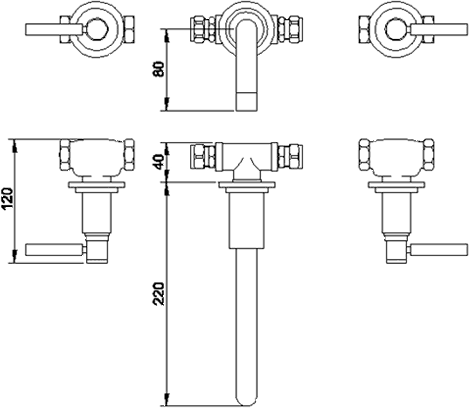 Additional image for 3 Tap Hole Wall Mounted Basin Tap With Lever Handles.