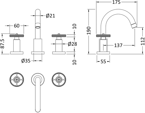 Additional image for 3 Hole Basin Mixer Tap With Industrial Handles (Chrome).