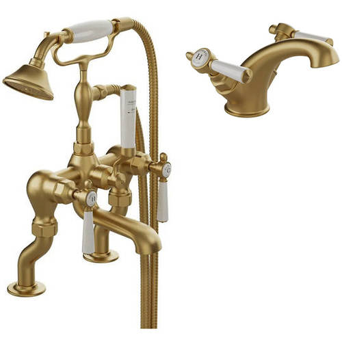 Additional image for Basin & Bath Shower Mixer Tap Pack With Lever Handles (Brushed Brass).