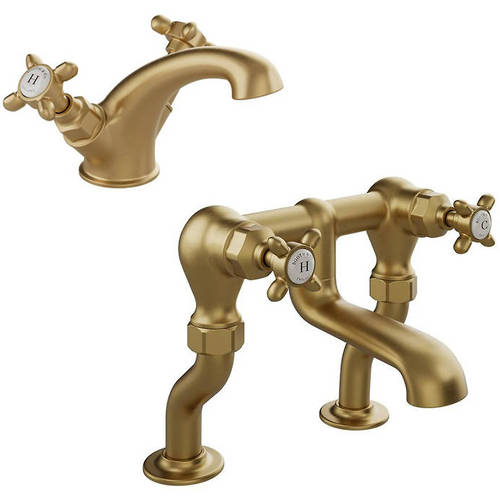 Additional image for Basin & Bath Filler Tap Pack With Crosshead Handles (Brushed Brass).