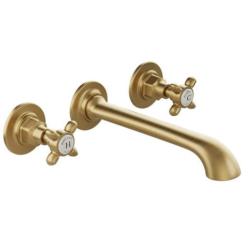 Additional image for Wall-Mounted Basin Mixer Tap With Crosshead Handles (Brushed Brass, 3TH).