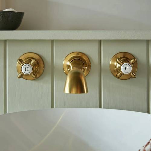 Additional image for Wall-Mounted Basin Mixer Tap With Crosshead Handles (Brushed Brass, 3TH).