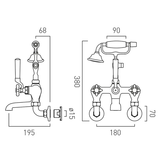 Additional image for Wall-Mounted Bath Shower Mixer Tap With Crosshead Handles (Bright Nickel).