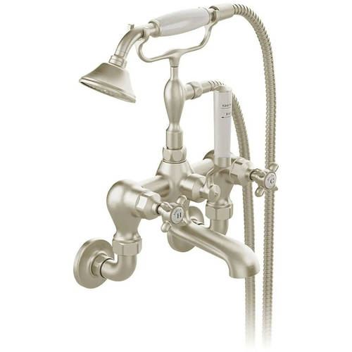 Additional image for Wall-Mounted Bath Shower Mixer Tap With Crosshead Handles (Brushed Nickel).