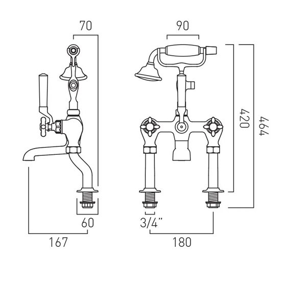 Additional image for Bath Shower Mixer Tap With Crosshead Handles (Chrome).