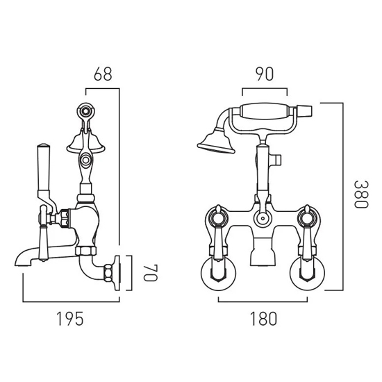 Additional image for Wall-Mounted Bath Shower Mixer Tap With Lever Handles (Brushed Brass).