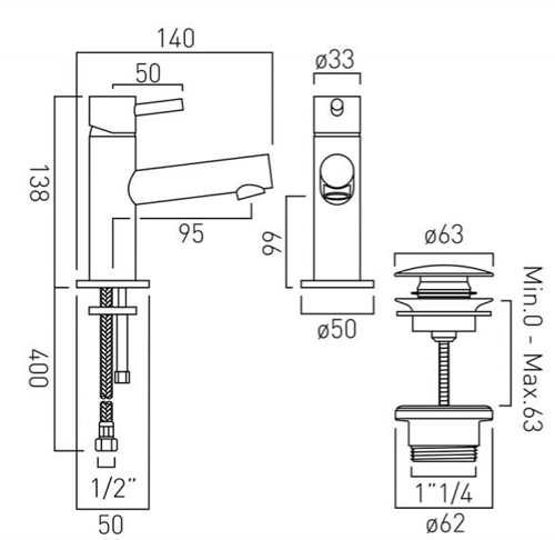 Additional image for Mini Mono Basin Mixer Tap With Universal Waste (Chrome).