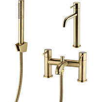 Kartell Ottone Tall Basin & Bath Shower Mixer Tap Pack (Brushed Brass).
